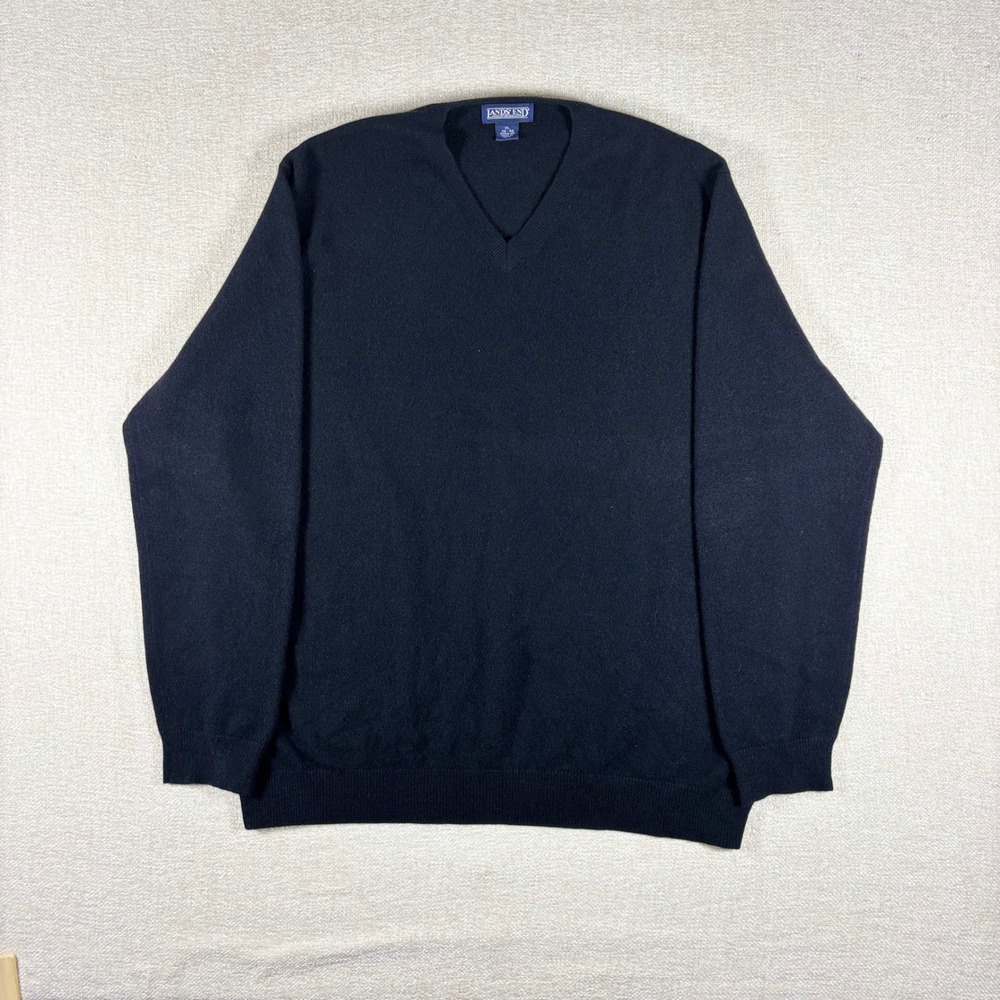 Lands End Mens XL Black 100% Cashmere V-Neck Sweater Regular Fit 46-48 836069